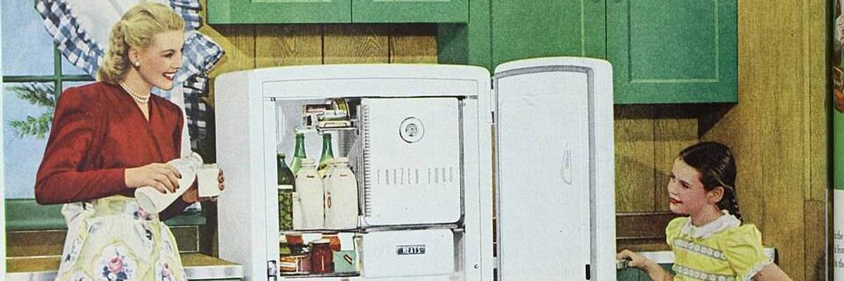 Illustration from Ladies Home Journal shows mom and daughter on either side of fridge.