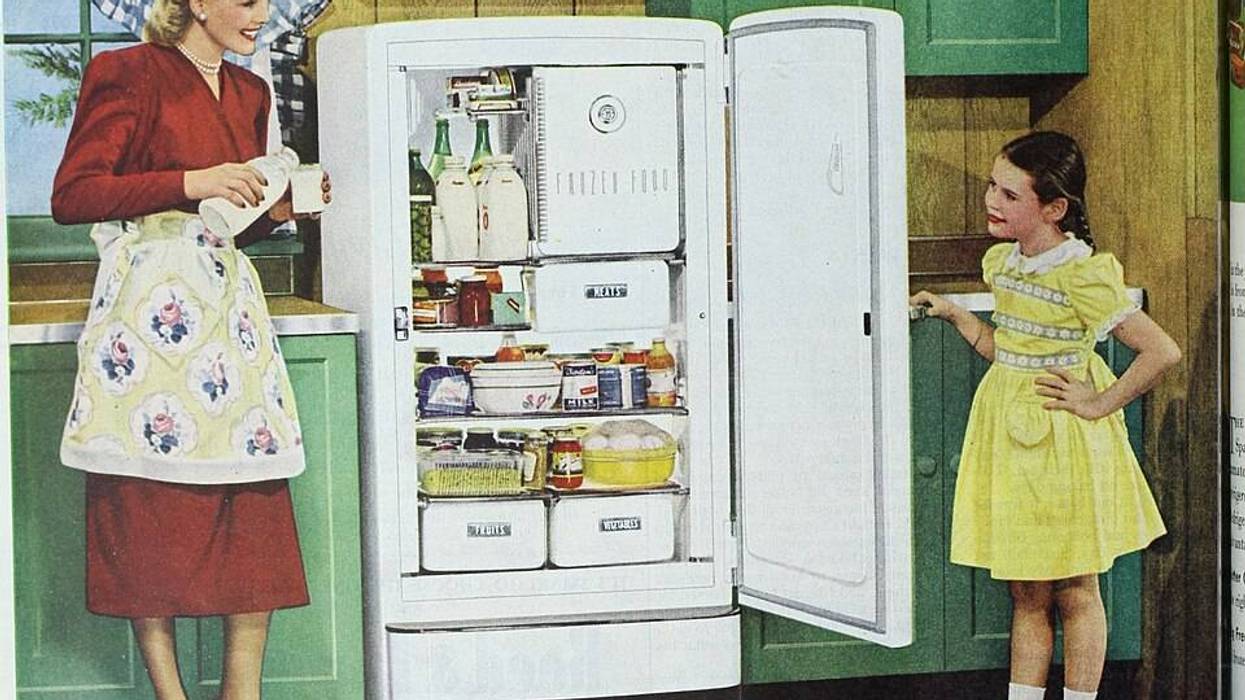 Illustration from Ladies Home Journal shows mom and daughter on either side of fridge.