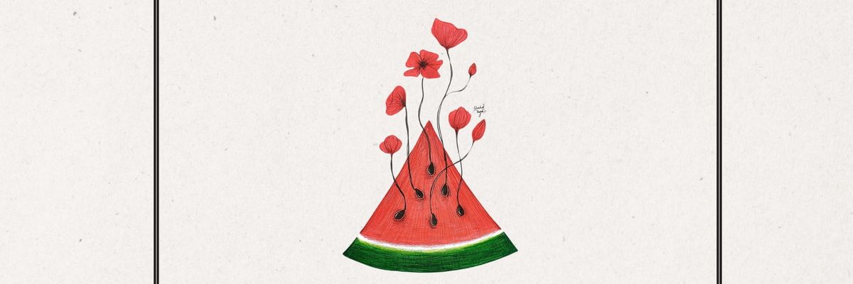 Image of a watermelon sprouting flowers in honor of Palestine.