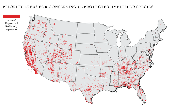 image of priority areas for conserving unprotected, imperiled species in the United States
