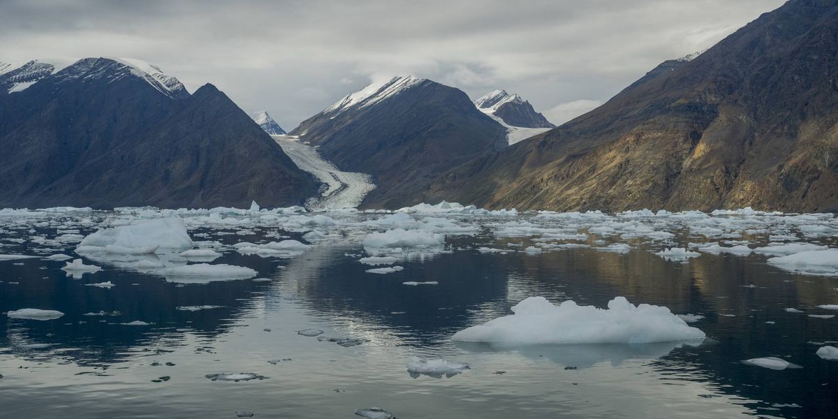 A tidewater glacier flowing down through a valley from the