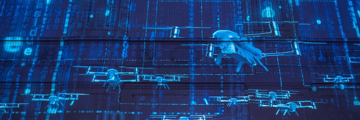 Images are projected onto a wall shows drones