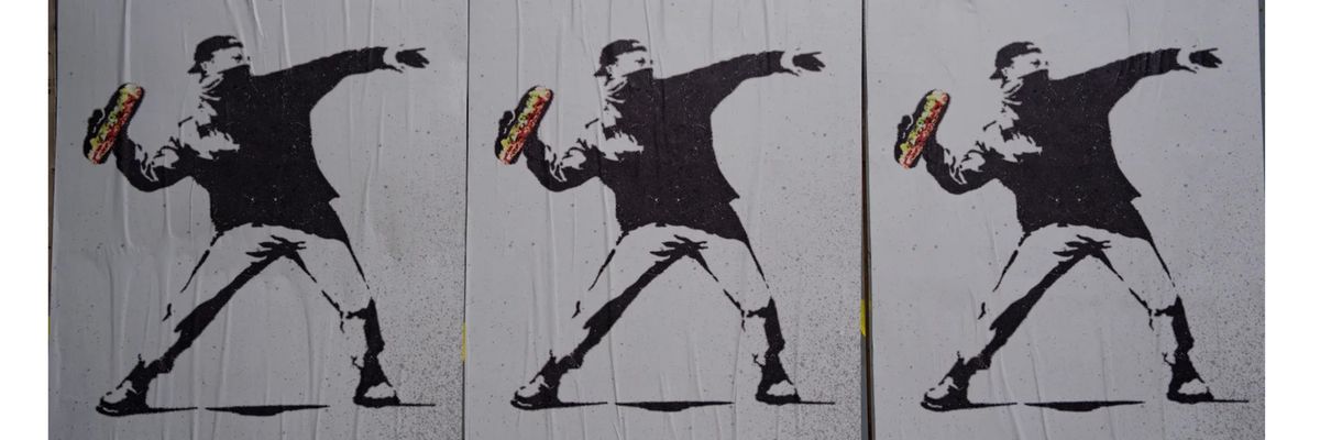 Images of newly acclaimed Sandwich Guy, with hat tip to Banksy