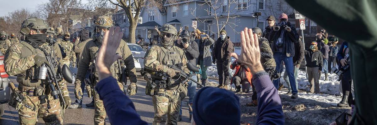 Immigration and Customs Enforcement (ICE) agents and protester interaction, Minneapolis, January 2026
