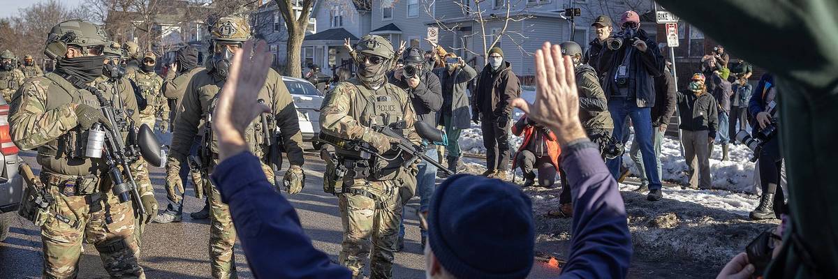 Immigration and Customs Enforcement (ICE) agents and protester interaction, Minneapolis, January 2026