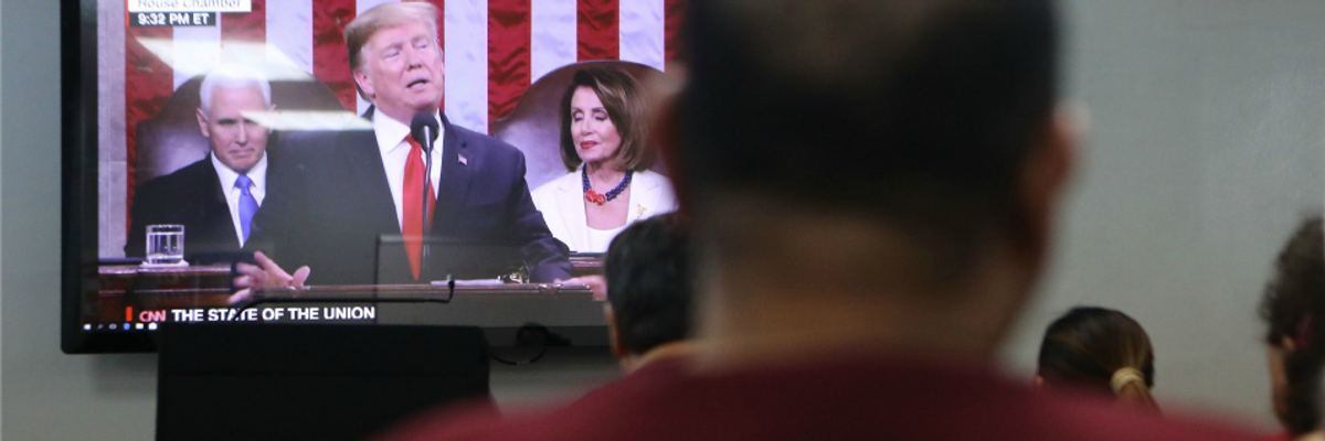 Immigration rights supporters attend a watch party during President Trump's State of the Union Address on February 5, 2019 in Los Angeles, California.