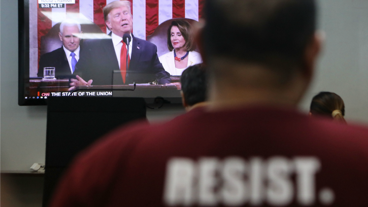 Immigration rights supporters attend a watch party during President Trump's State of the Union Address on February 5, 2019 in Los Angeles, California.