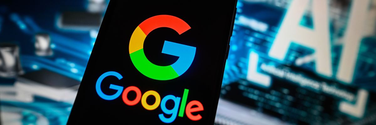 In this photo illustration a Google logo is displayed on a smartphone