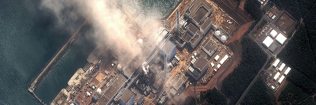 In this satellite view, the Fukushima Dai-ichi Nuclear Power plant after a massive earthquake and subsequent tsunami on March 14, 2011 in Futaba, Japan.