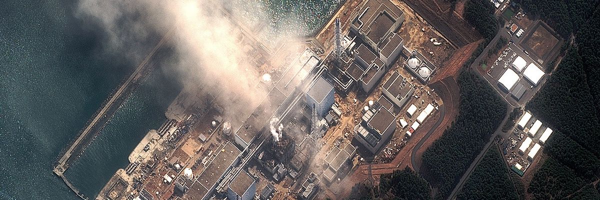 In this satellite view, the Fukushima Dai-ichi Nuclear Power plant after a massive earthquake and subsequent tsunami on March 14, 2011 in Futaba, Japan. 