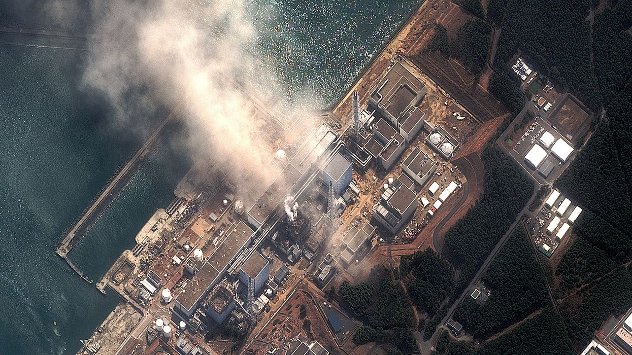 In this satellite view, the Fukushima Dai-ichi Nuclear Power plant after a massive earthquake and subsequent tsunami on March 14, 2011 in Futaba, Japan.