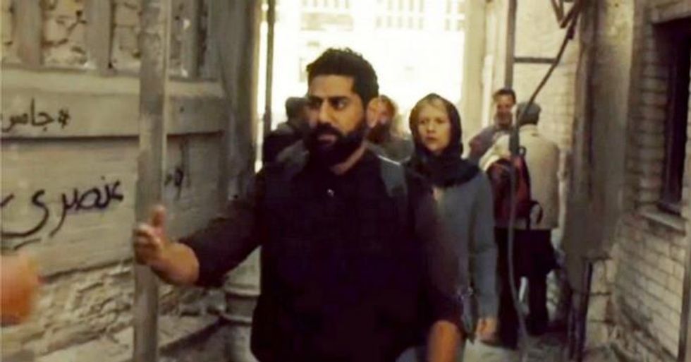 In this scene from episode two of Homeland's fifth series, graffiti on the left reads,