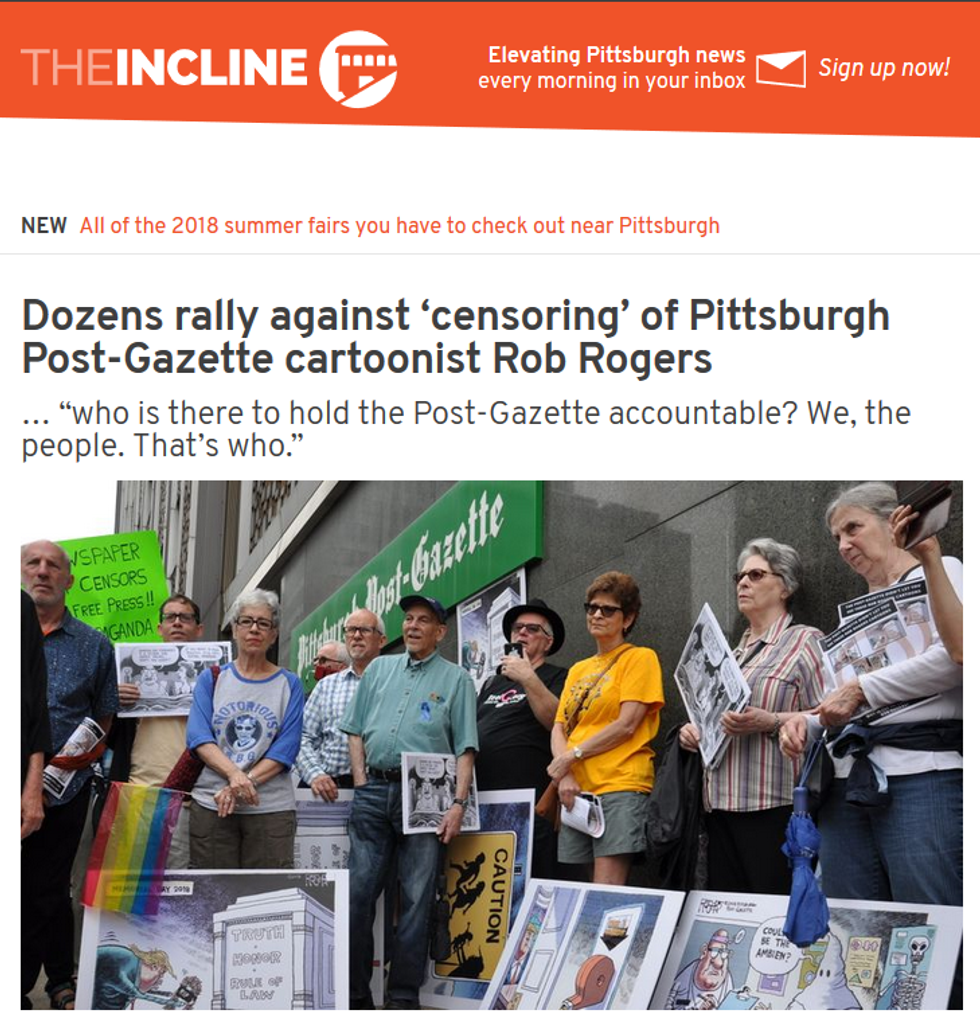 Incline: Dozens rally against 'censoring' of Pittsburgh Post-Gazette cartoonist Rob Rogers