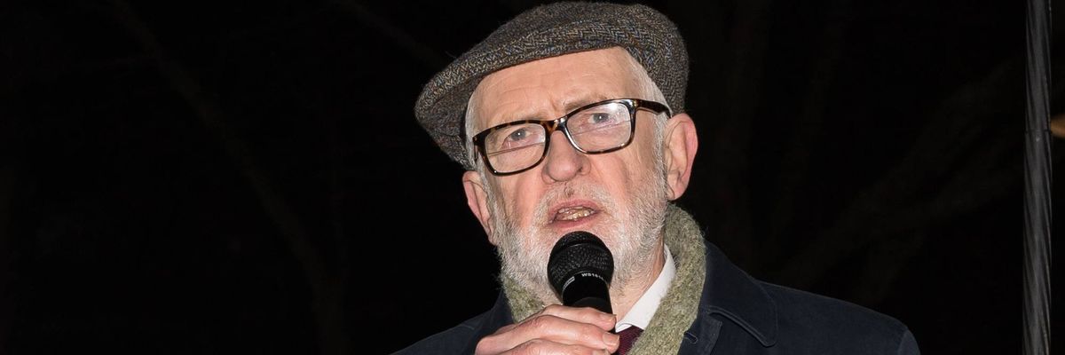 Independent British MP Jeremy Corbyn addresses demonstrators