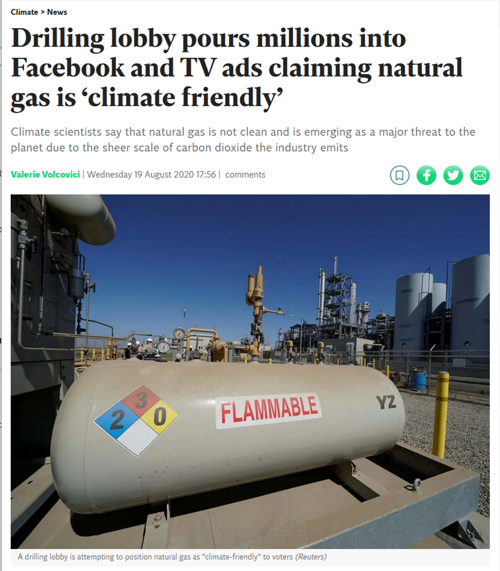 Independent: Drilling lobby pours millions into Facebook and TV ads claiming natural gas is 'climate friendly'