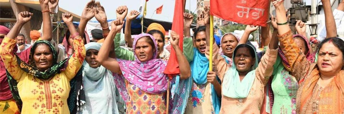Indian women from Mazdoor Sabha in Amritsar protest the neoliberal agriculatural policies of the right-wing BJP central gobvernment on International Women's Day, Marchx 8, 2021.