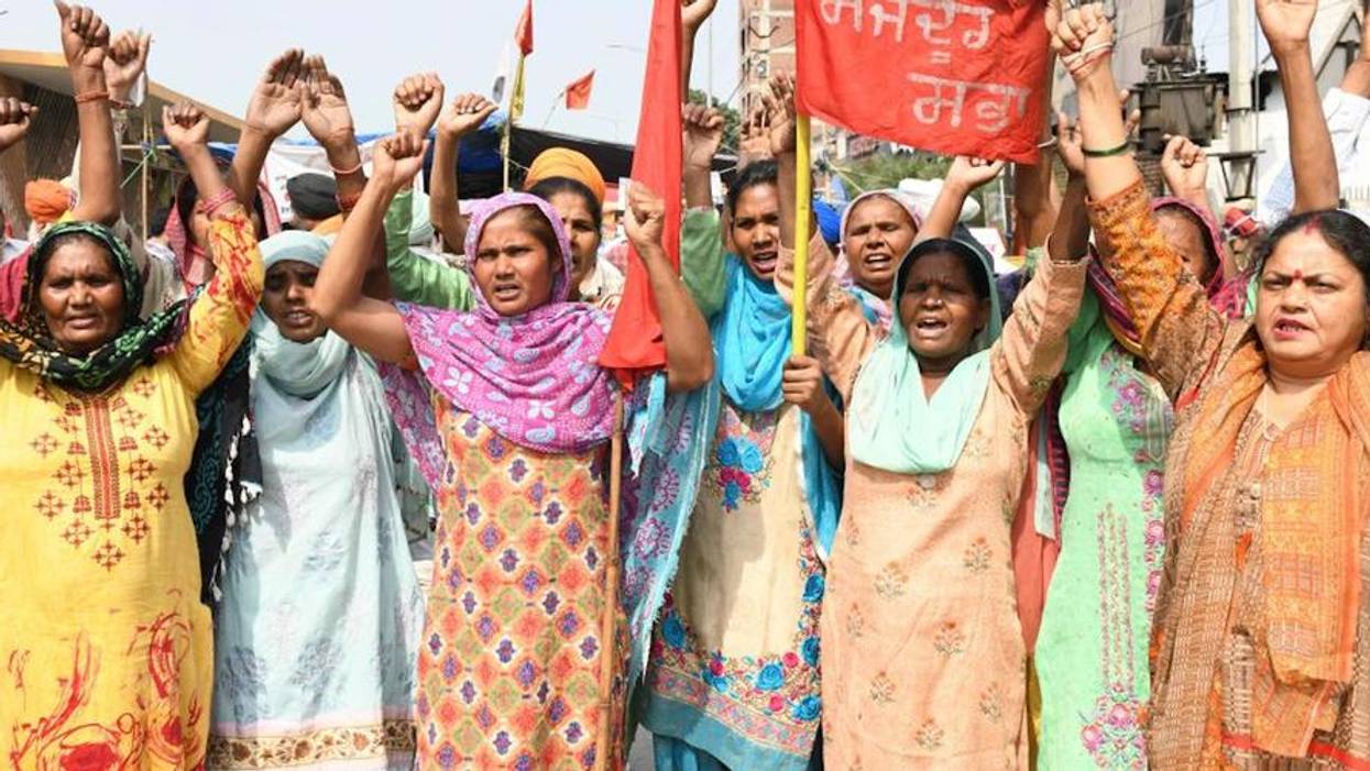 Indian women from Mazdoor Sabha in Amritsar protest the neoliberal agriculatural policies of the right-wing BJP central gobvernment on International Women's Day, Marchx 8, 2021.