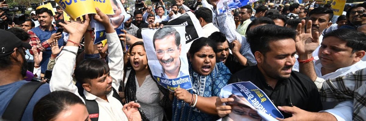Indians protest the arrest of Arvind Kejriwal