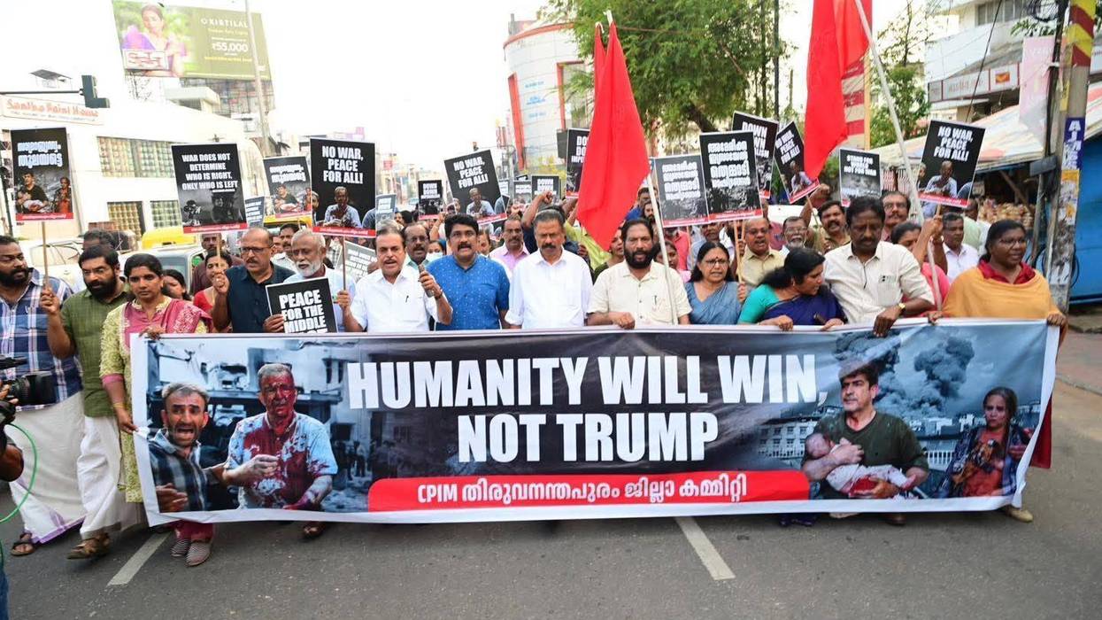 Indians protest the US-Israeli war on Iran, holding a banner reading: "Humanity will win, not Trump."
