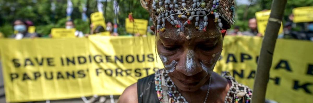 Indigenous Awyu and Moi tribes protest deforestation in Jakarta