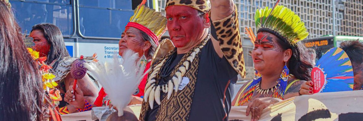 Indigenous Brazilians march during a Terra Livre event