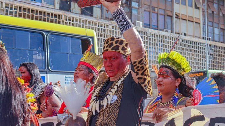 Indigenous Brazilians march during a Terra Livre event