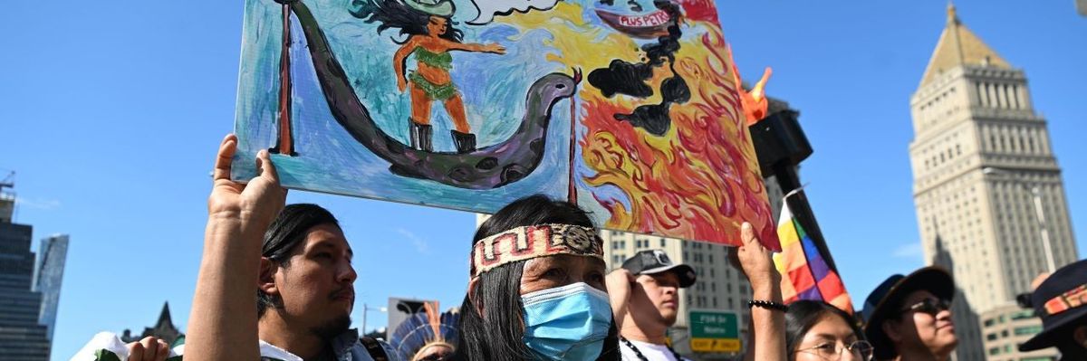 Indigenous group protests extractive industries in the Amazon.
