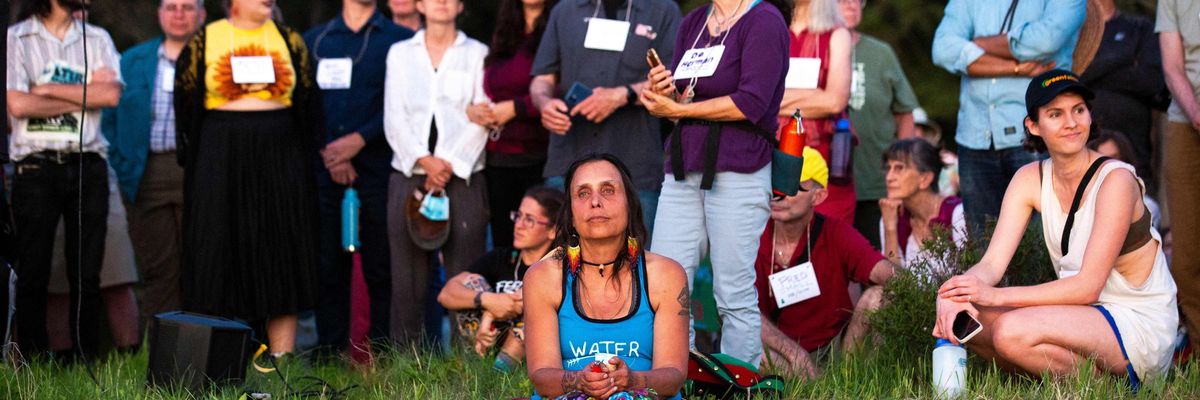 Indigenous leaders take part in a protest against Line 3