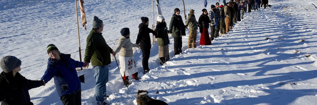 Indigenous people and environmental advocates demonstrate against the Dakota Access Pipeline