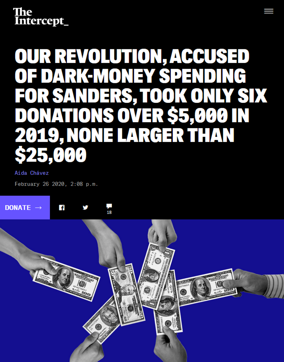 Intercept: Our Revolution, Accused of Dark-Money Spending for Sanders, Took Only Six Donations Over $5,000 in 2019, None Larger than $25,000