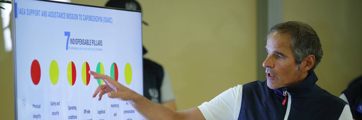 International Atomic Energy Agency Director-General Rafael Mariano Grossi speaks to the media at Vienna International Airport upon his return from inspecting Ukraine's Zaporizhzhia nuclear power plant on September 2, 2022 in Schwechat, Austria.