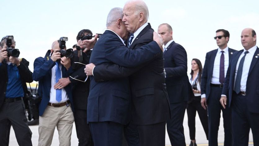 Israel Prime Minister Benjamin Netanyahu hugs U.S. President Joe Biden