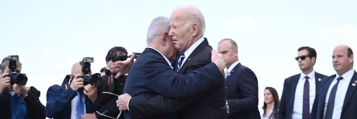 Israel Prime Minister Benjamin Netanyahu hugs U.S. President Joe Biden