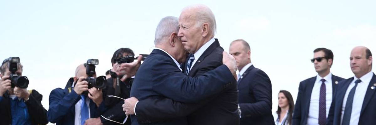 Israel Prime Minister Benjamin Netanyahu hugs U.S. President Joe Biden