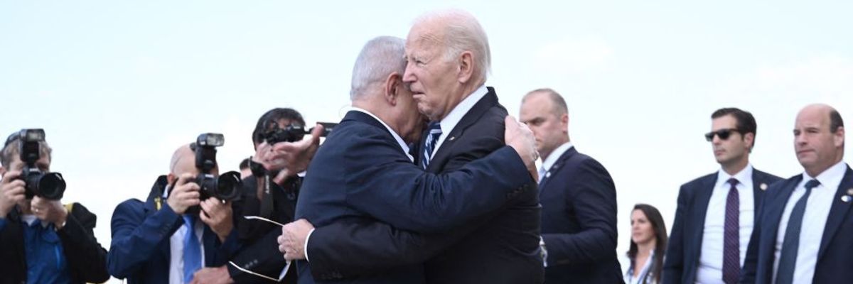 Israel Prime Minister Benjamin Netanyahu hugs U.S. President Joe Biden
