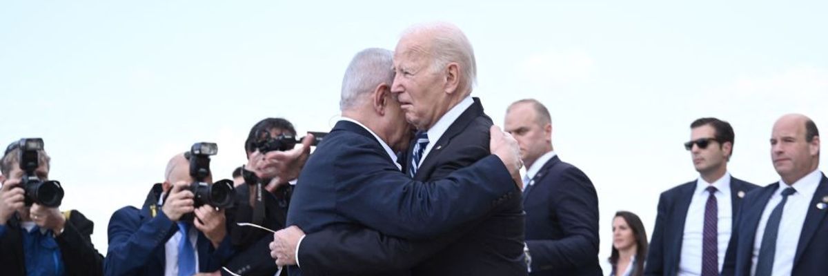 Israel Prime Minister Benjamin Netanyahu hugs U.S. President Joe Biden
