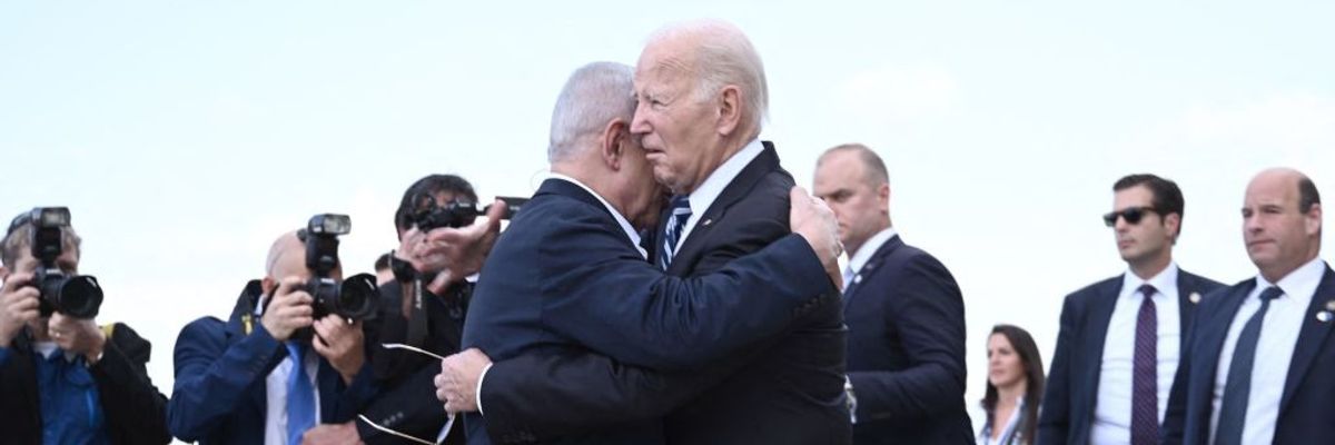 Israel Prime Minister Benjamin Netanyahu hugs U.S. President Joe Biden