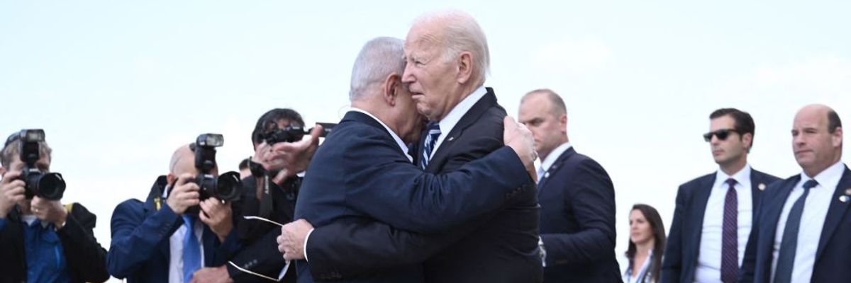Israel Prime Minister Benjamin Netanyahu hugs U.S. President Joe Biden