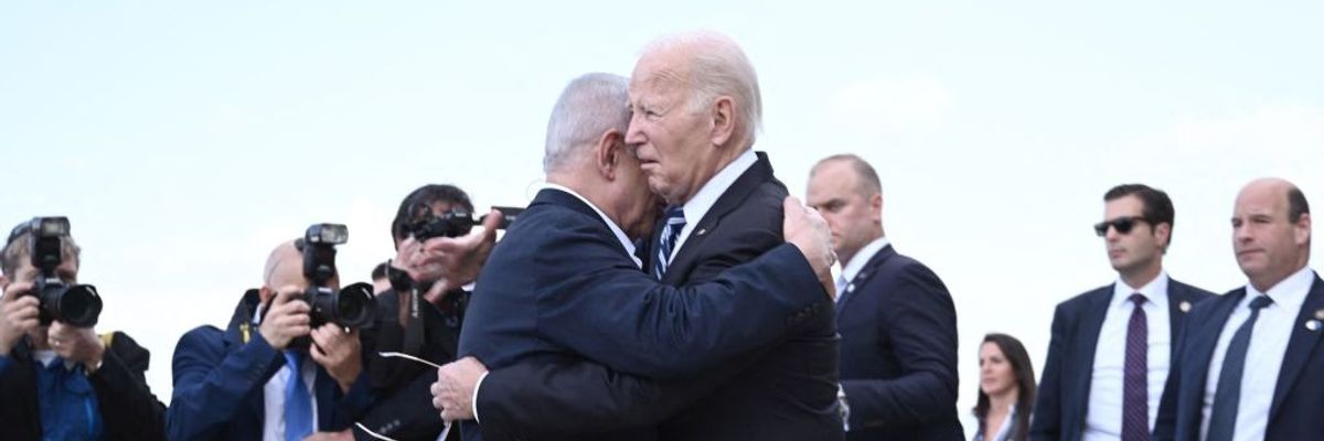 Israel Prime Minister Benjamin Netanyahu hugs U.S. President Joe Biden