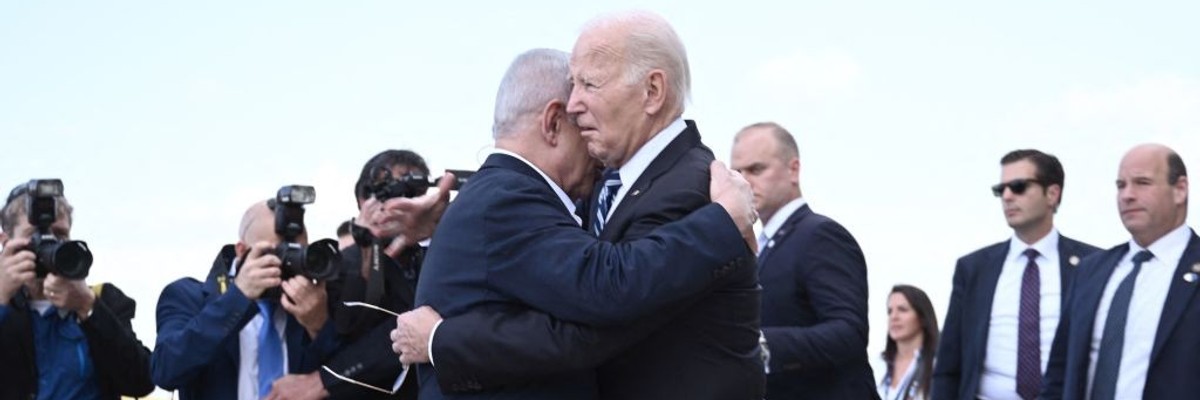 Israel Prime Minister Benjamin Netanyahu hugs U.S. President Joe Biden