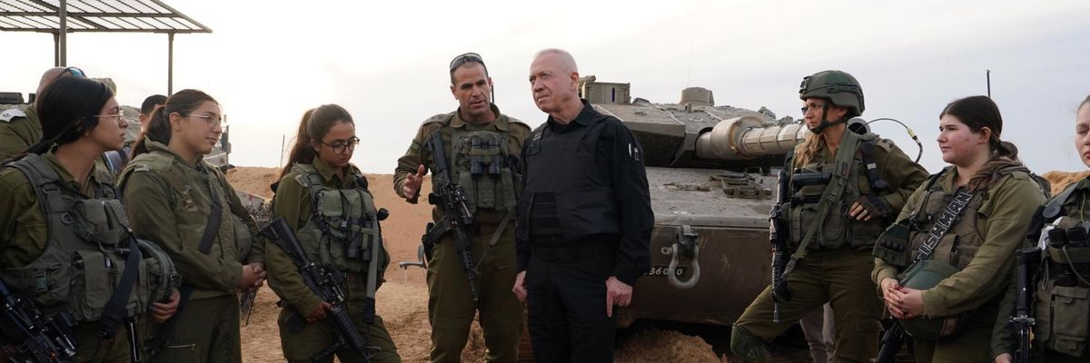 Israeli Defense Minister Yoav Gallant surrounded by IDF troops