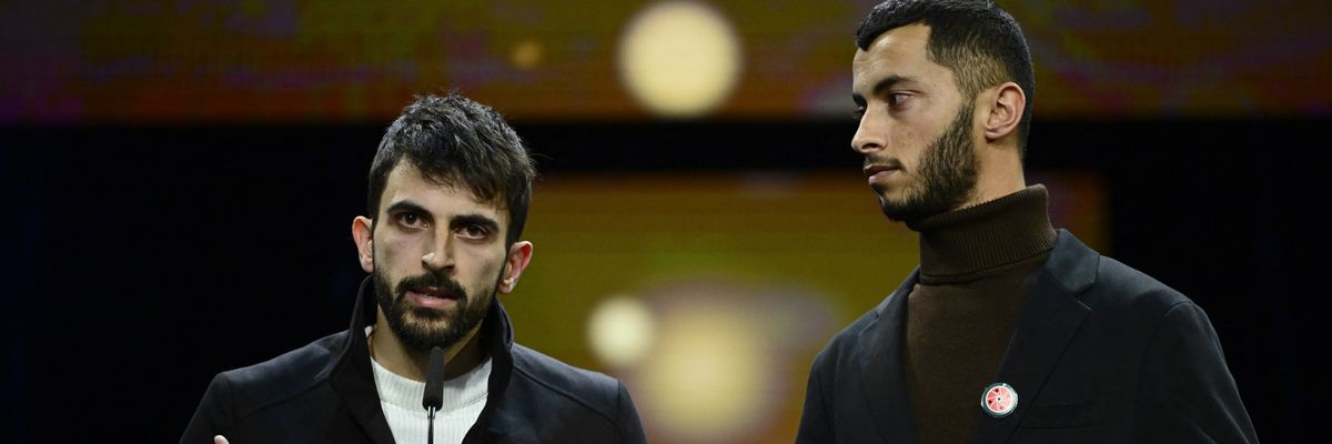 Israeli director Yuval Abraham (L) and Palestinian director Basel Adra