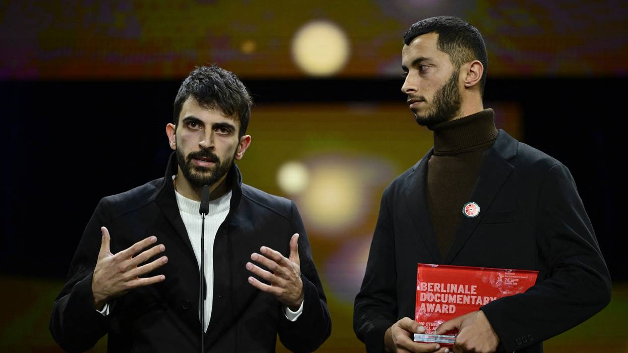 Israeli director Yuval Abraham (L) and Palestinian director Basel Adra