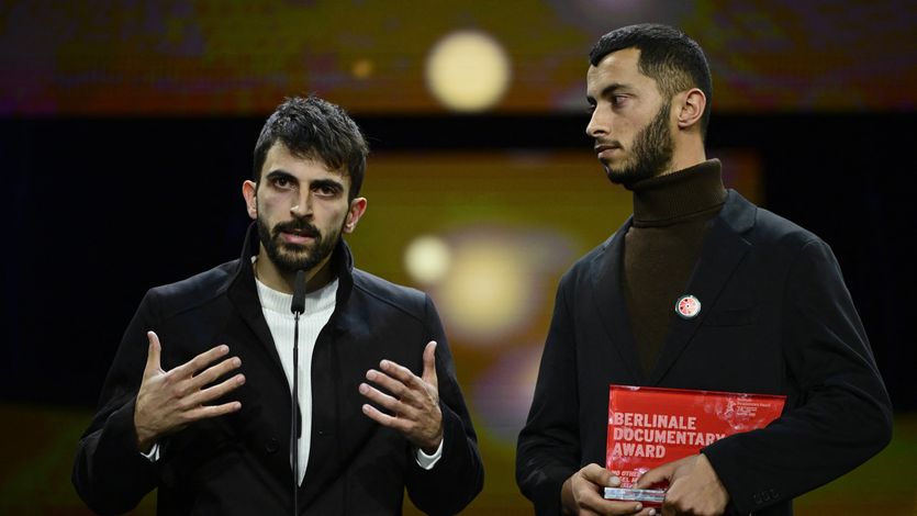 Israeli director Yuval Abraham (L) and Palestinian director Basel Adra