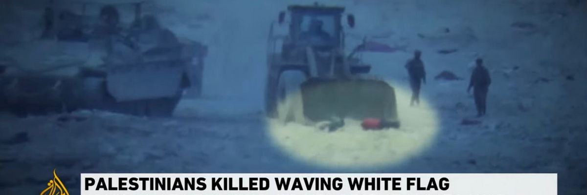 Israeli forces burying the bodies of two Palestinians with a bulldozer