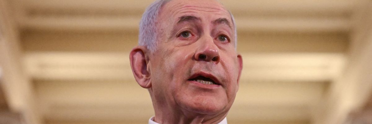 Israeli Prime Minister Benjamin Netanyahu speaks to the press after meeting with U.S. Speaker of the House Mike Johnson at the U.S. Capitol in Washington, D.C.
