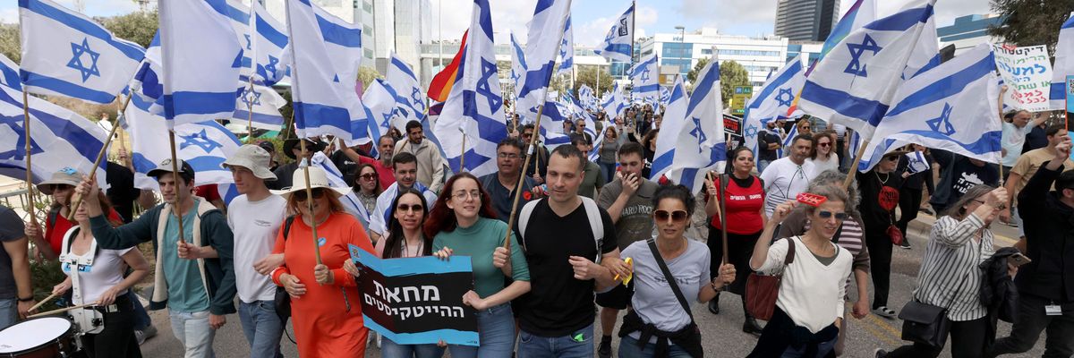 Israelis protest against the government's controversial judicial reform bill, in Haifa on March 9, 2023.