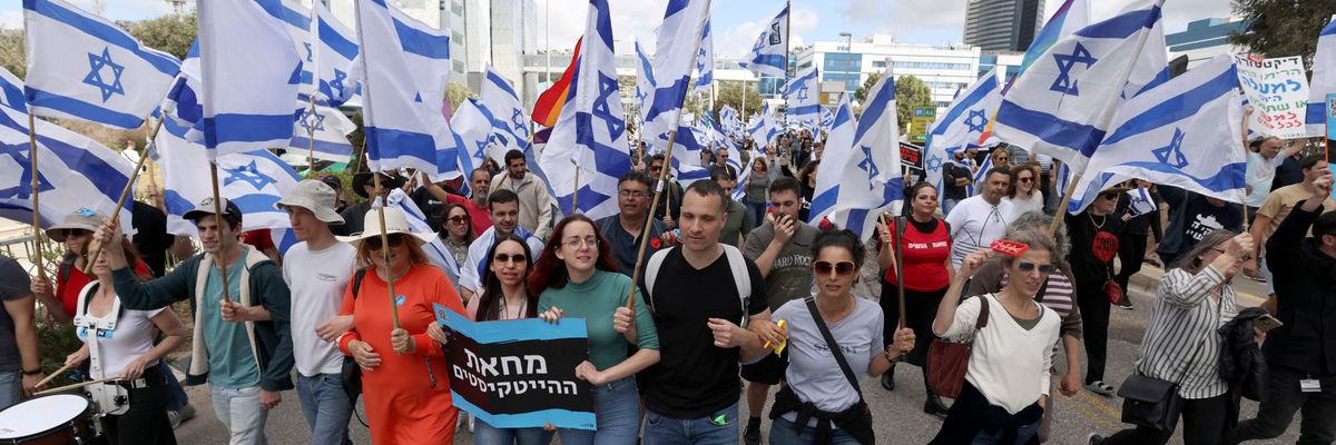 Israelis protest against the government's controversial judicial reform bill, in Haifa on March 9, 2023.