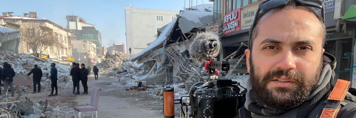 Issam Abdallah with his camera in the aftermath of the 