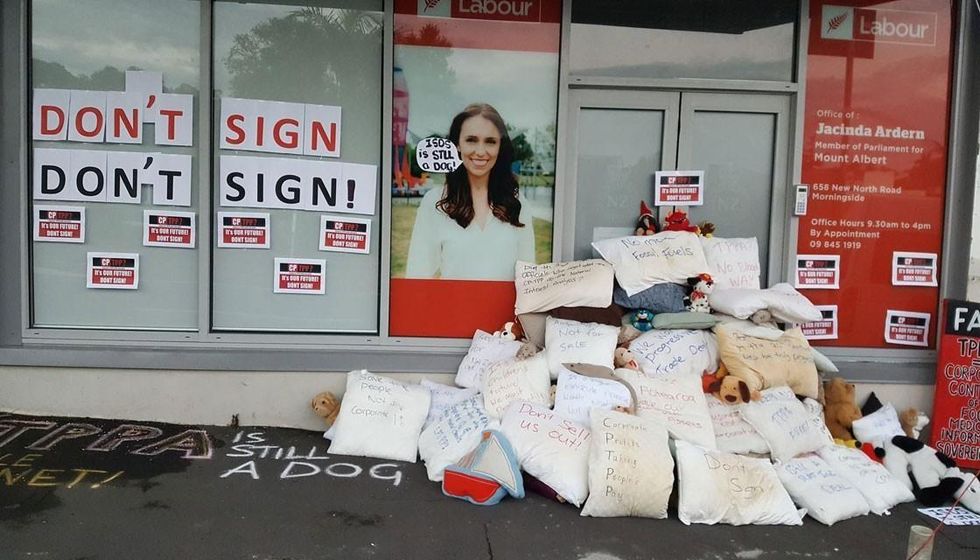 Jacinda Ardern's office was quickly cleared of the mess on Thursday morning. Photo credit: Auckland TPP Action Group/supplied